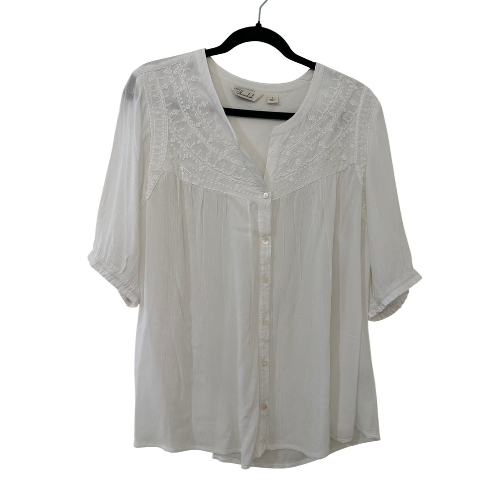 Caffe Marrakesh White Embroidered Rayon Gauze Boho Top L Coastal Peasant office